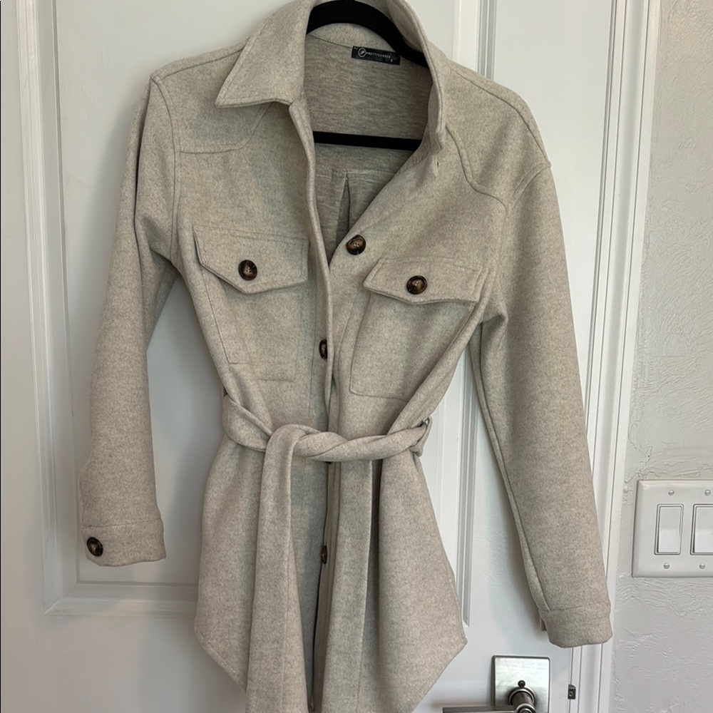 Cream Shirt Coat with Belted Waist and Notched Lapel